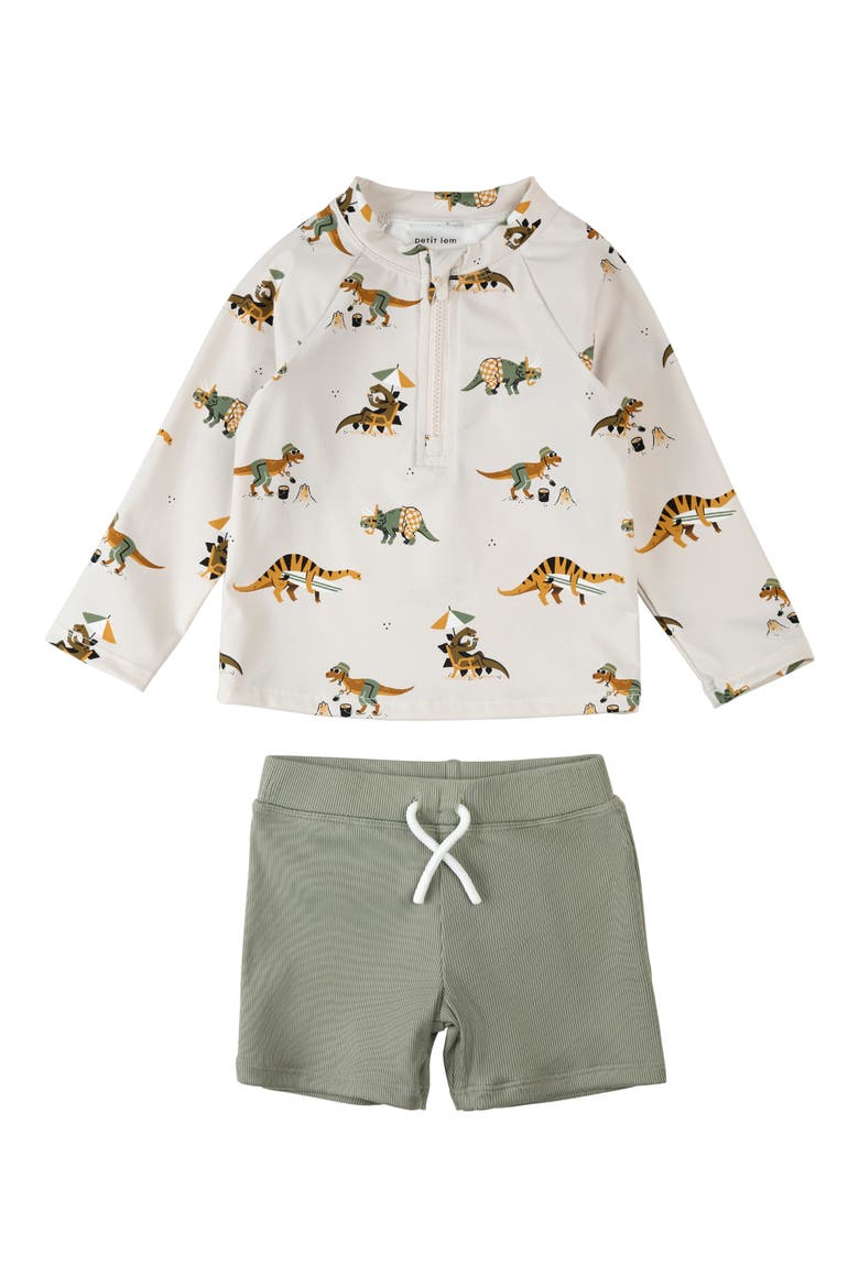 Beach Dino Print Long Sleeve Rashguard & Shorts Set, Main, color, BEIGE
