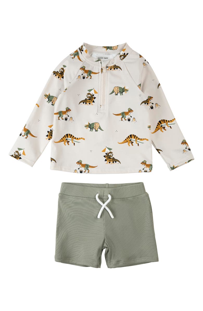 Petit Lem Beach Dino Print Long Sleeve Rashguard & Shorts Set, Main, color, Beige