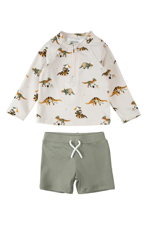 Beach Dino Print Long Sleeve Rashguard & Shorts Set (Baby)