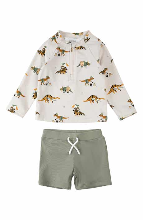 Beach Dino Print Long Sleeve Rashguard & Shorts Set