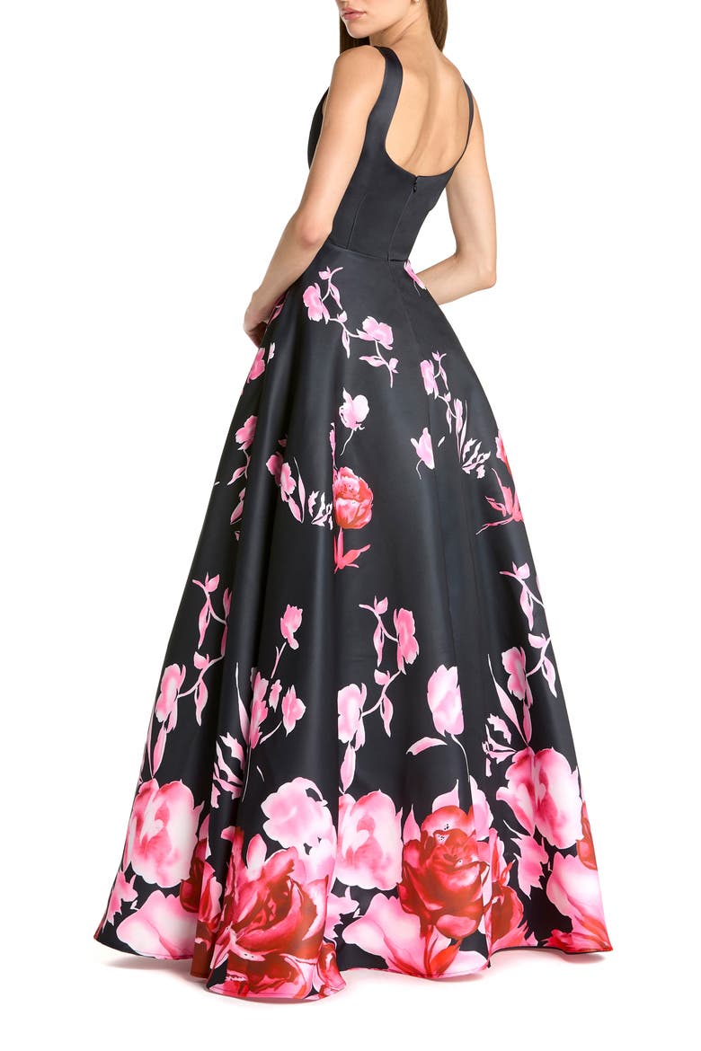 Printed Satin Sleeveless Square Neck Ballgown, Alternate, color, Black Multi