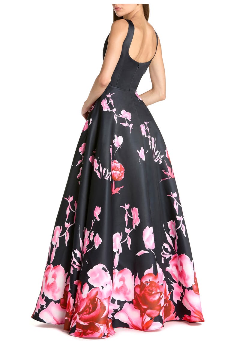 Mac Duggal Printed Satin Sleeveless Square Neck Ballgown, Alternate, color, Black Multi