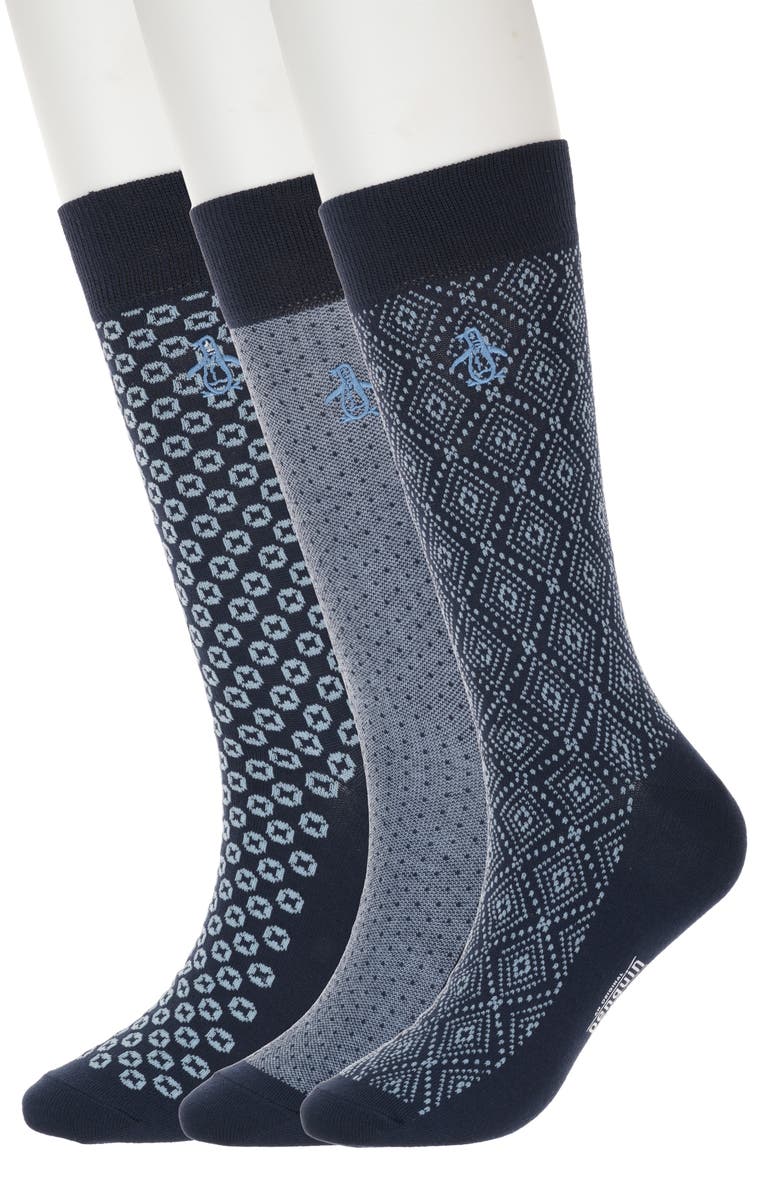 Original Penguin Diamond Lattice Assorted 3-Pack Crew Socks, Main, color, Navy