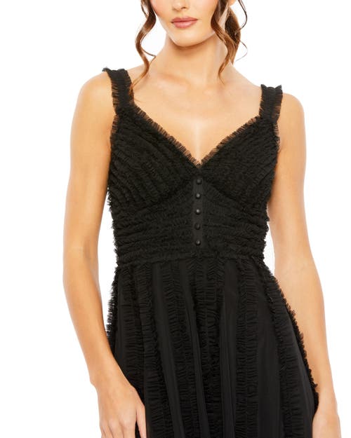 Mac Duggal Tulle V-neck Dress With Cascading Ruffles And Sleek Silhouette In Black
