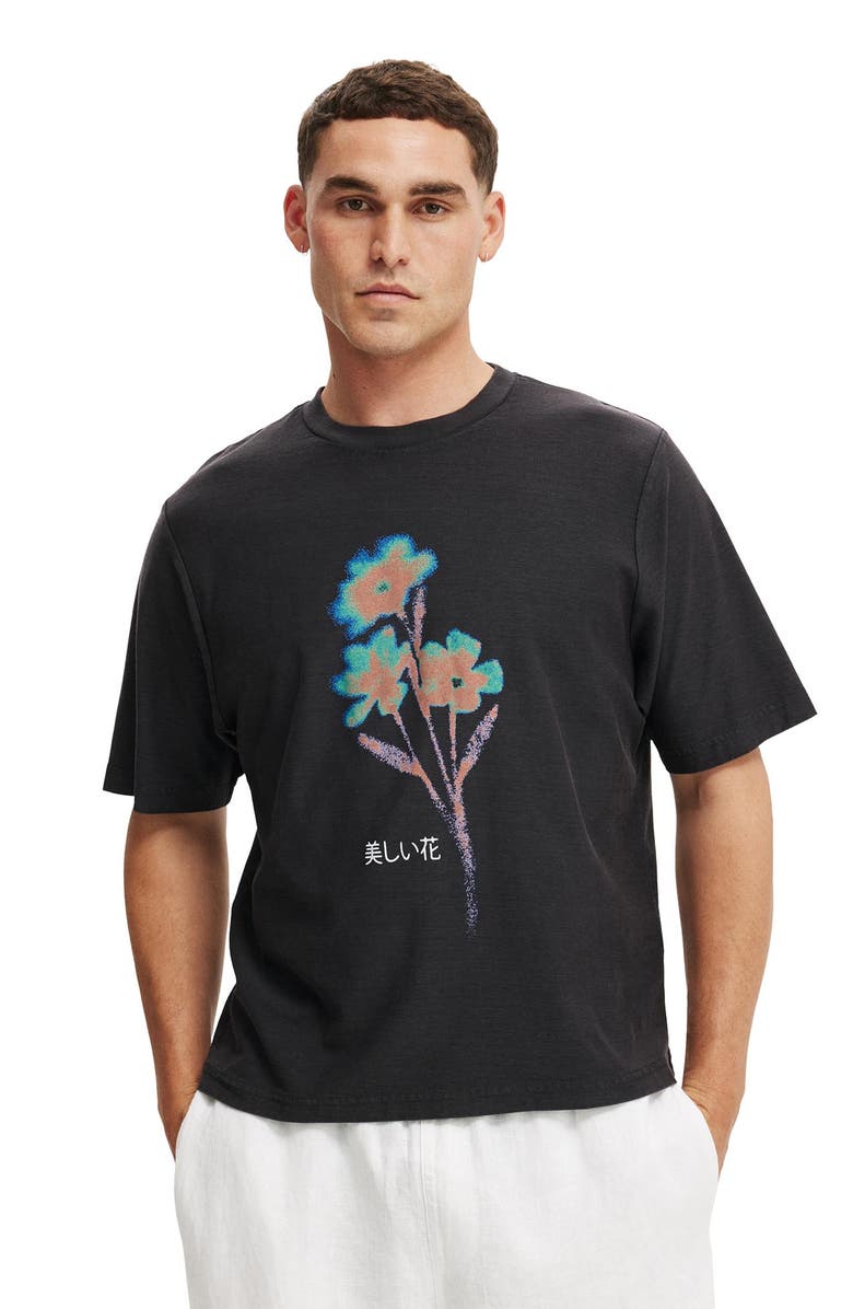 Cotton On Men's Cropped Fit Graphic T-Shirt, Main, color, Washed Black Floral Beauty