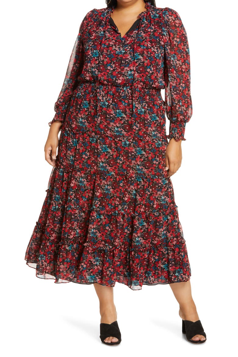 Autumn Floral Print Tiered Long Sleeve Maxi Dress, Main, color, CHERRY RED
