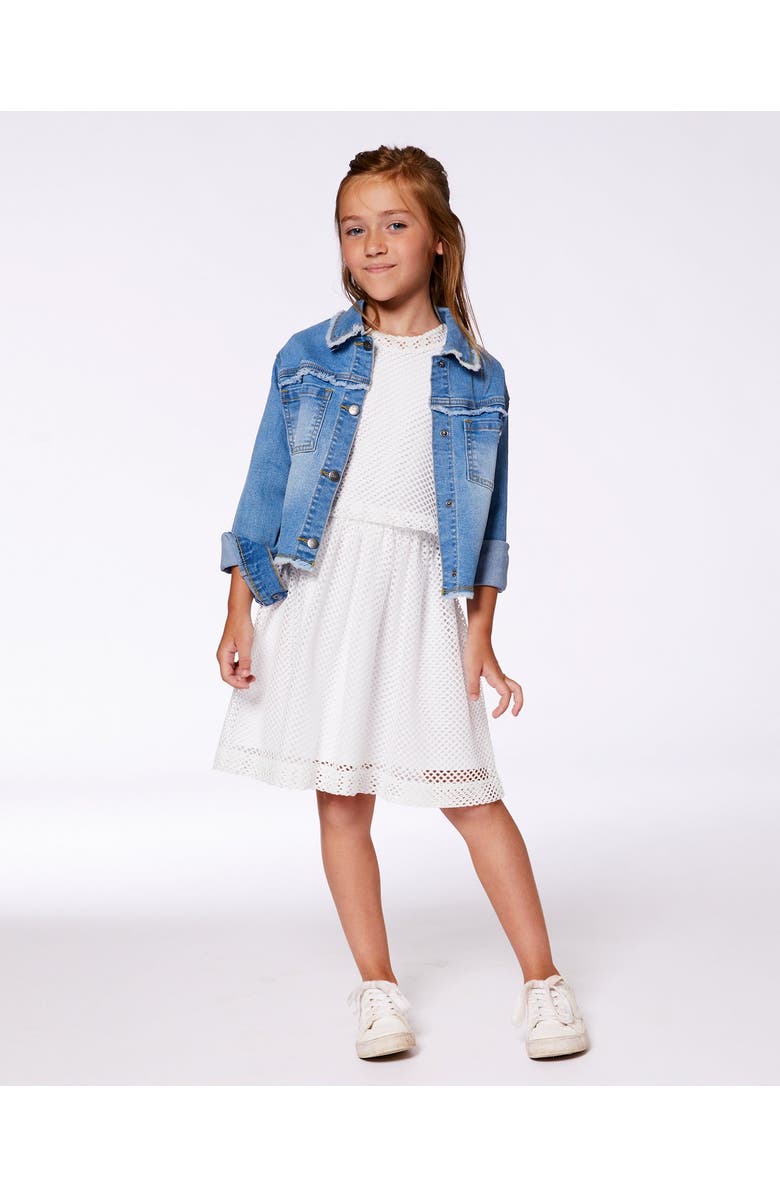 Deux par Deux Little Girl's Frayed Denim Jacket With Embroidery Jeans Blue, Alternate, color, 