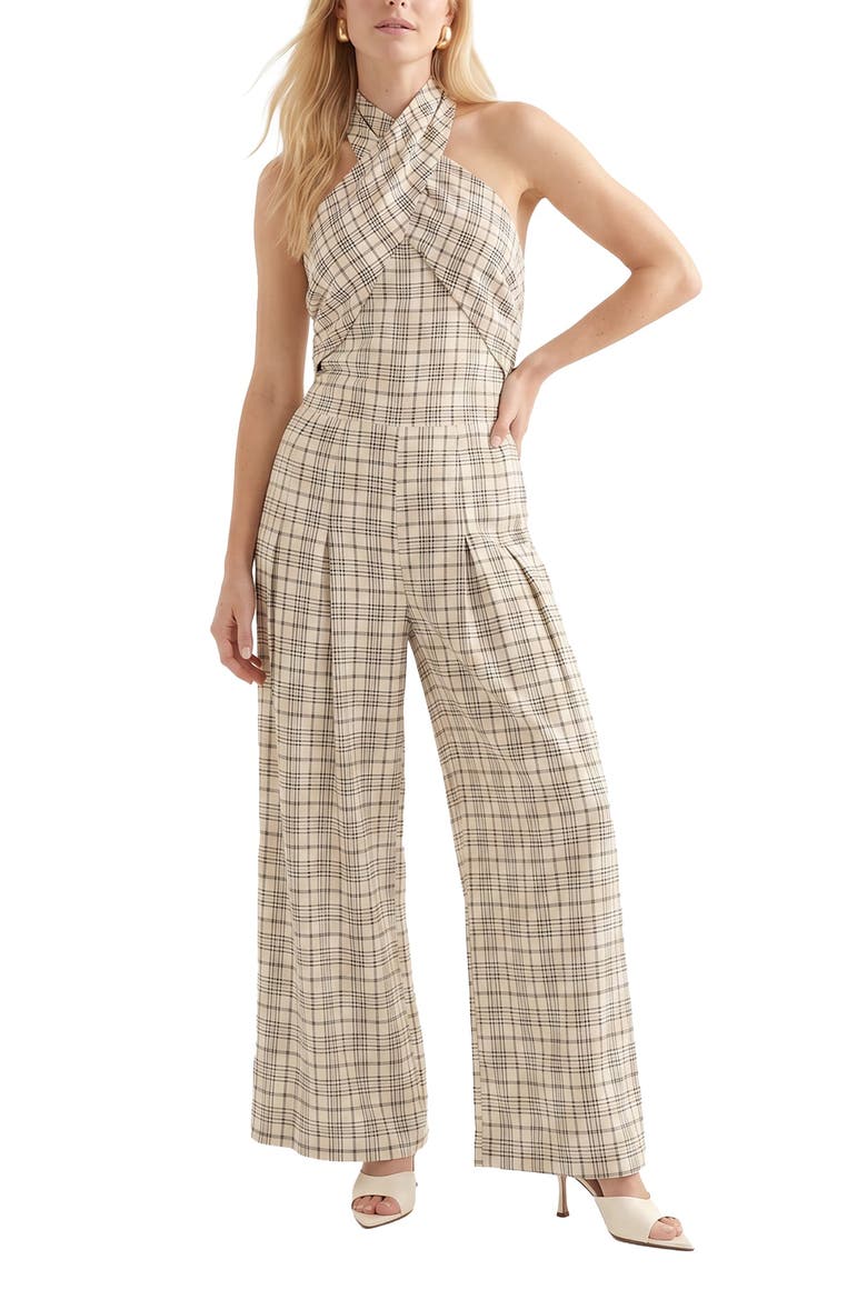 Ardern Halterneck Check Culotte Jumpsuit, Alternate, color, Neutral