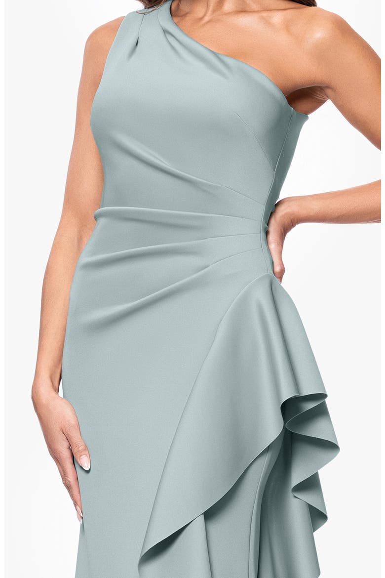 One-Shoulder Ruffle Scuba Crepe Gown, Alternate, color, SAGE