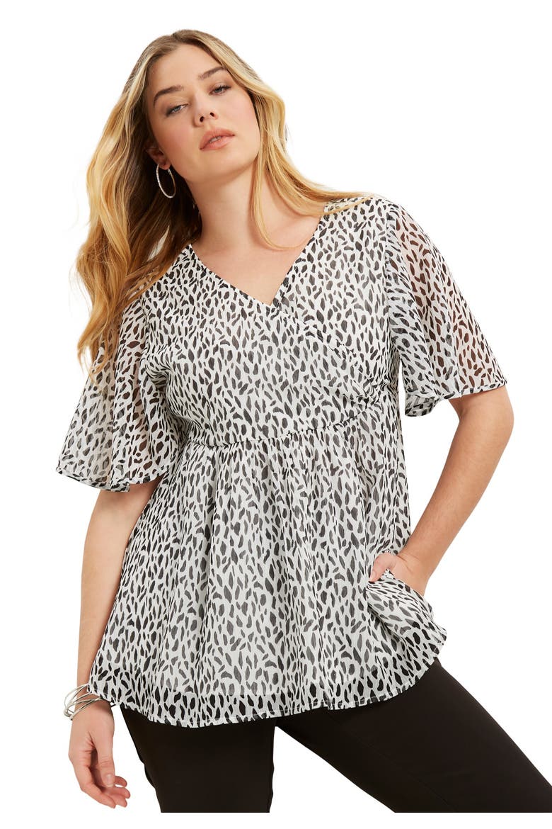 Faux Wrap Fit And Flare Top, Main, color, IVORY BLACK SPOTS