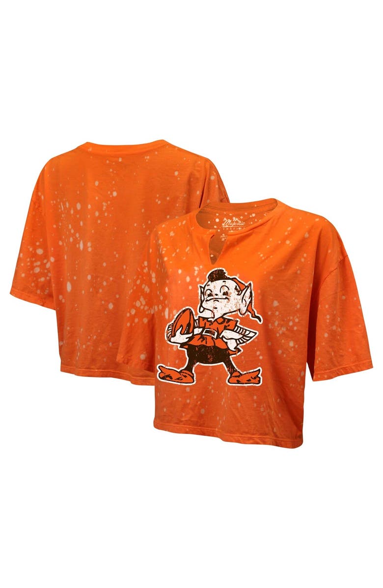 Majestic Threads Women's Majestic Threads Orange Cleveland Browns Bleach Splatter Notch Neck Crop T-Shirt, Main, color,