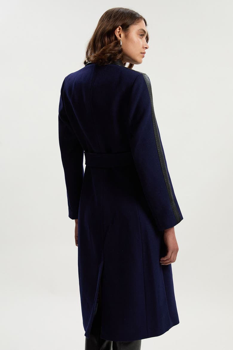 Wool Pu Mix Belted Midi Coat, Alternate, color, Navy