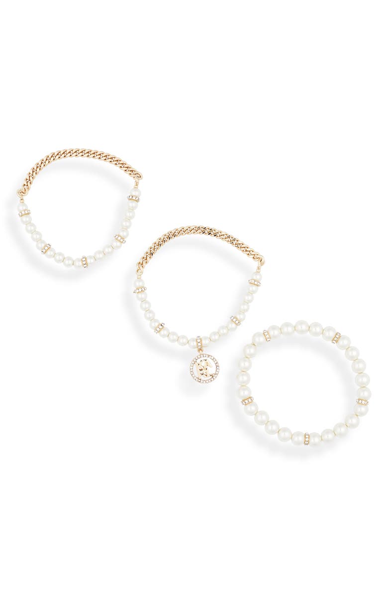KARL LAGERFELD PARIS 3-Pack Crystal Pavé & Imitation Pearl Bracelet Set, Main, color, 
