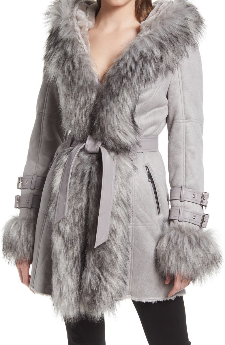 AZALEA WANG Belted Trench Coat with Faux Fur Trim, Alternate, color,