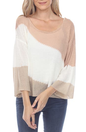 RAIN AND ROSE RAIN AND ROSE STRIPE THREE-QUARTER SLEEVE OPENWORK KNIT TOP