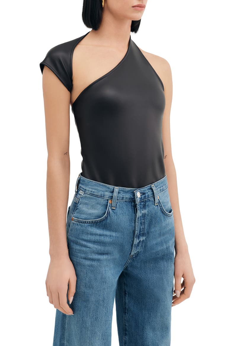 Milan One Shoulder Faux Leather Top, Alternate, color, BLACK