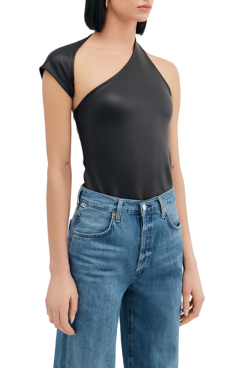 Two Lines by Marcella Milan One Shoulder Faux Leather Top, Alternate, color, Black