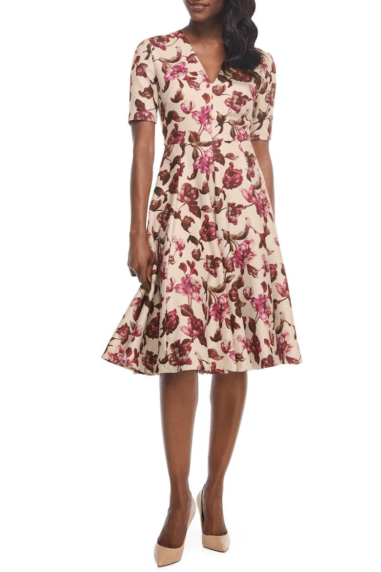 Edith Floral Print A-Line Dress, Main, color, CREAM/ RASPBERRY