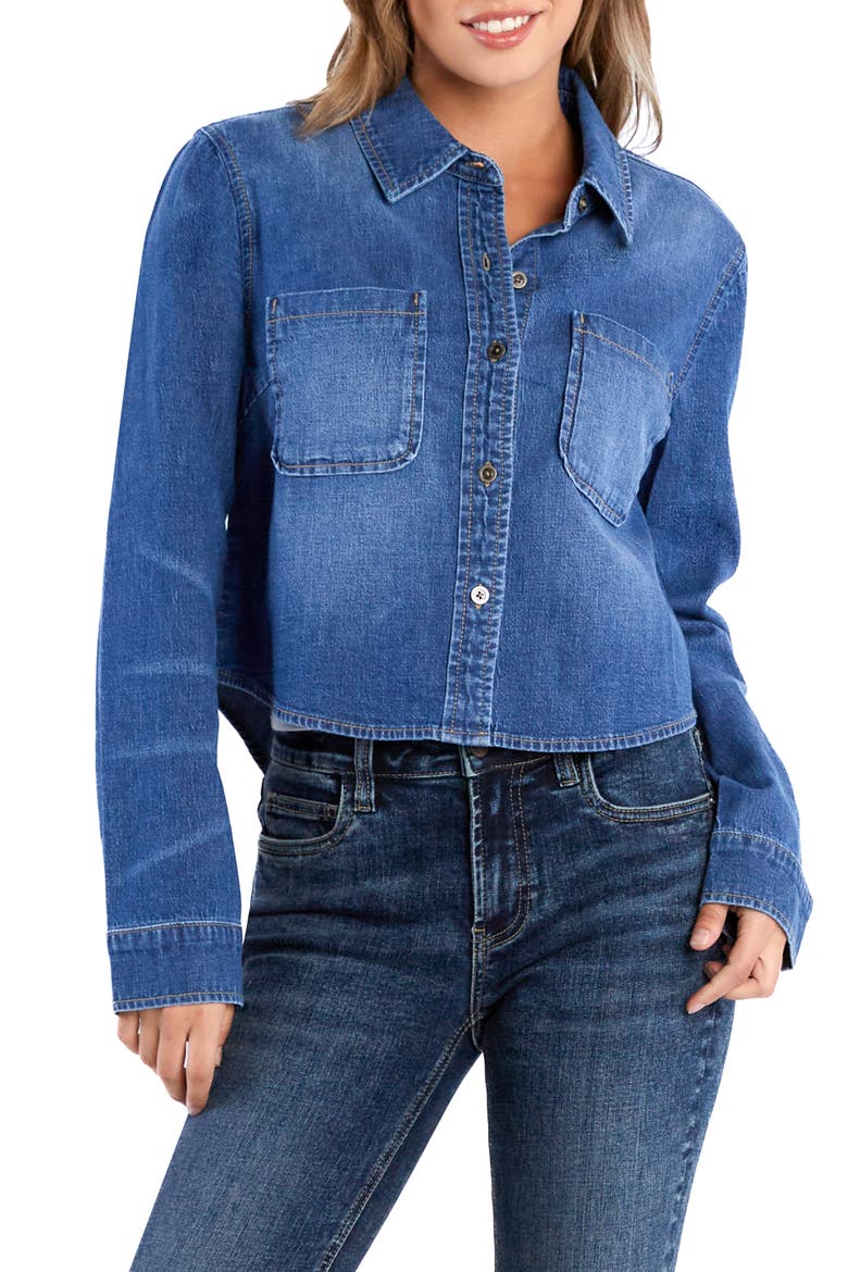 Francine Crop Stretch Denim Shirt, Main, color, BLISS BLUE