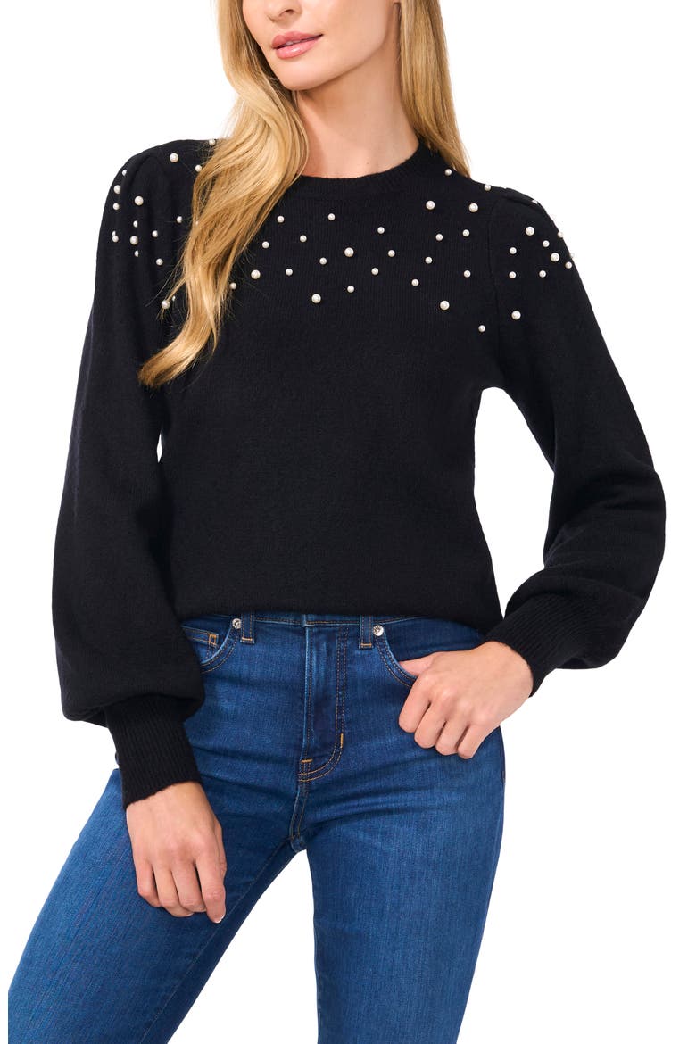 Imitation Pearl Embellished Sweater, Main, color, RICH BLACK