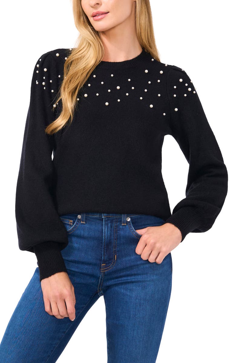 CeCe Imitation Pearl Embellished Sweater, Main, color,