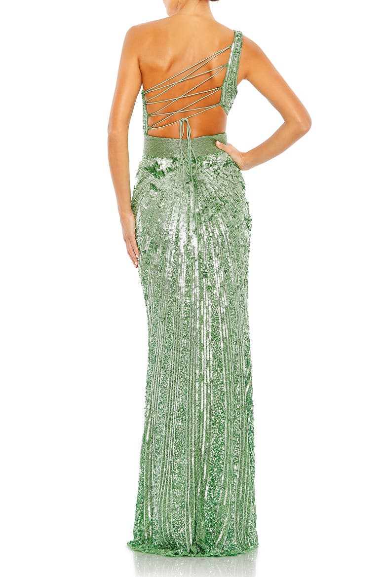 Sequined One Shoulder Draped Lace Up Gown, Alternate, color, SAGE