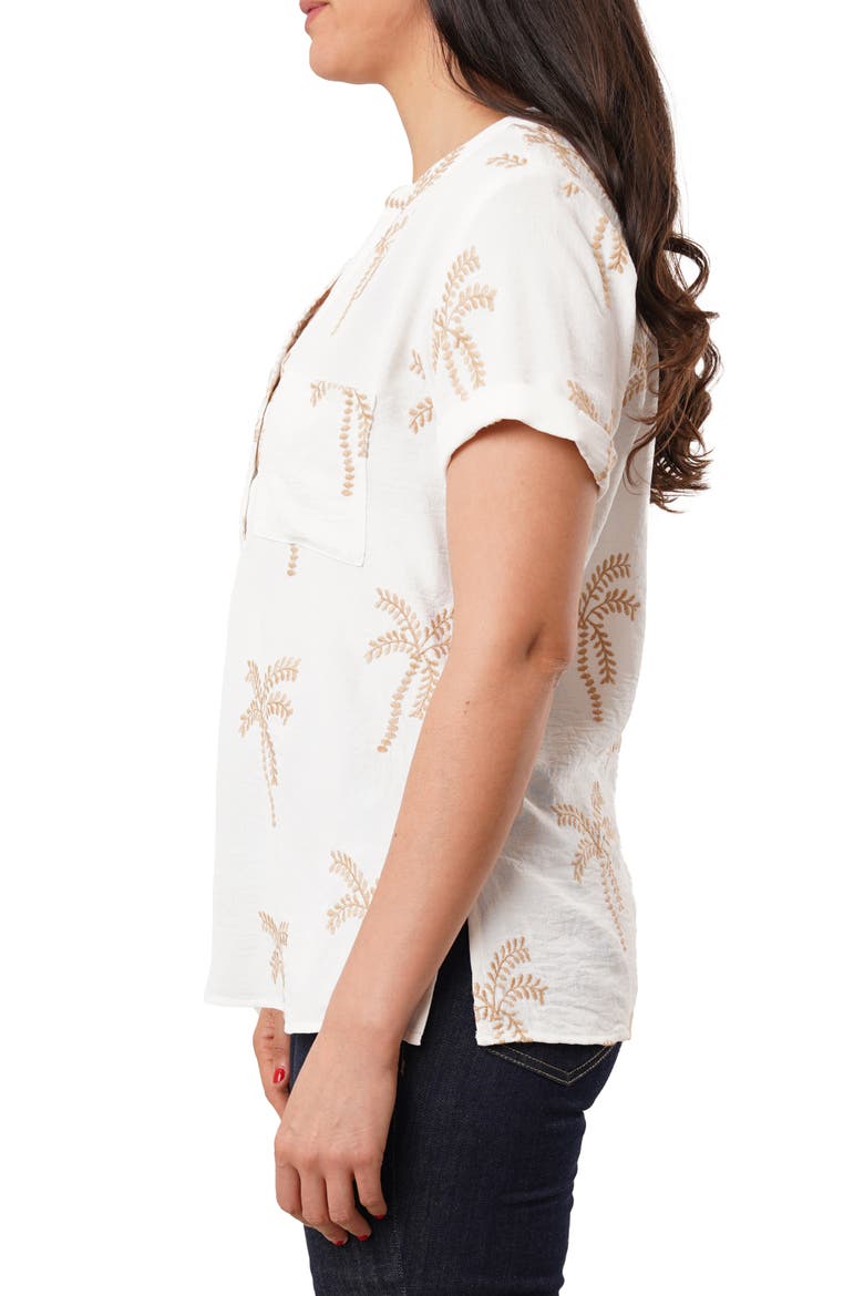 Palm Tree Embroidered Short Sleeve Button-Up Shirt, Alternate, color, WHITE / KHAKI