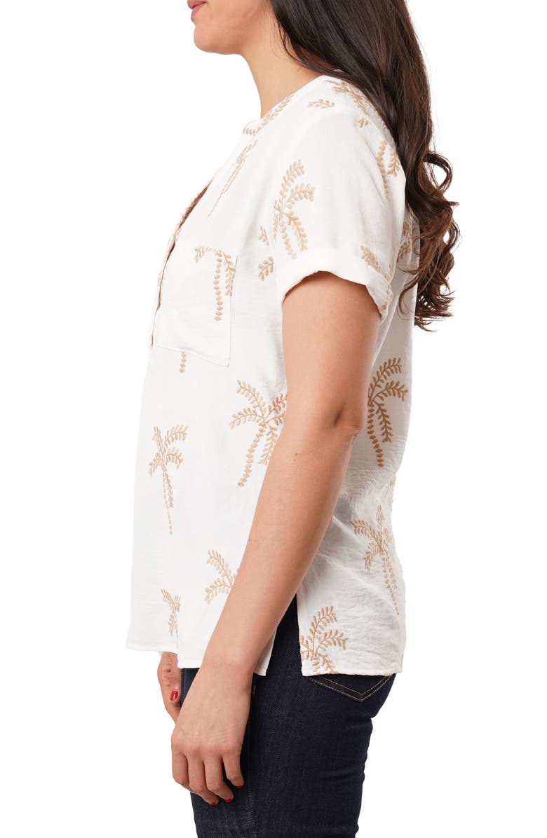 SUNNY LEIGH Palm Tree Embroidered Short Sleeve Button-Up Shirt, Alternate, color, White / Khaki