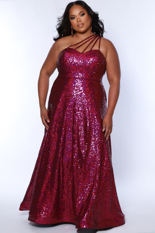 Sydney's Closet Sequin A-line One-shoulder Plus Size Gown In Magenta