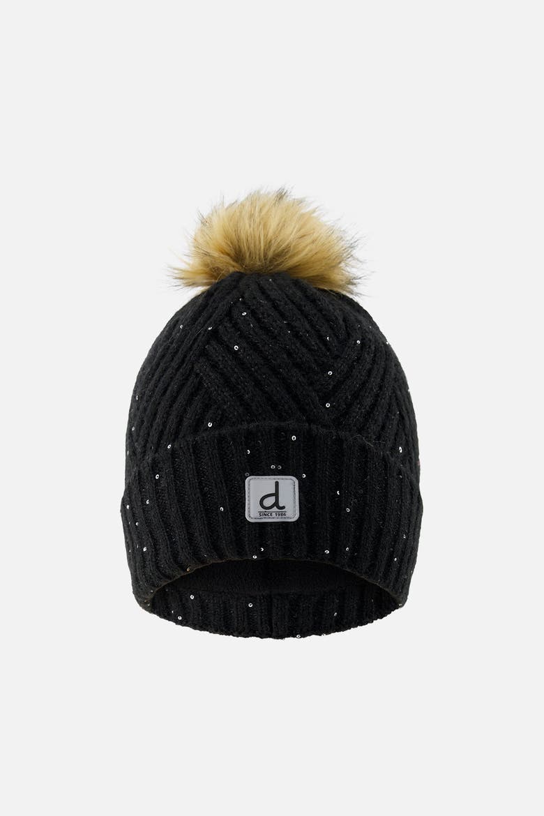 Winter Fleece Lined Faux Fur Pompom Knit Hat, Main, color, Noir