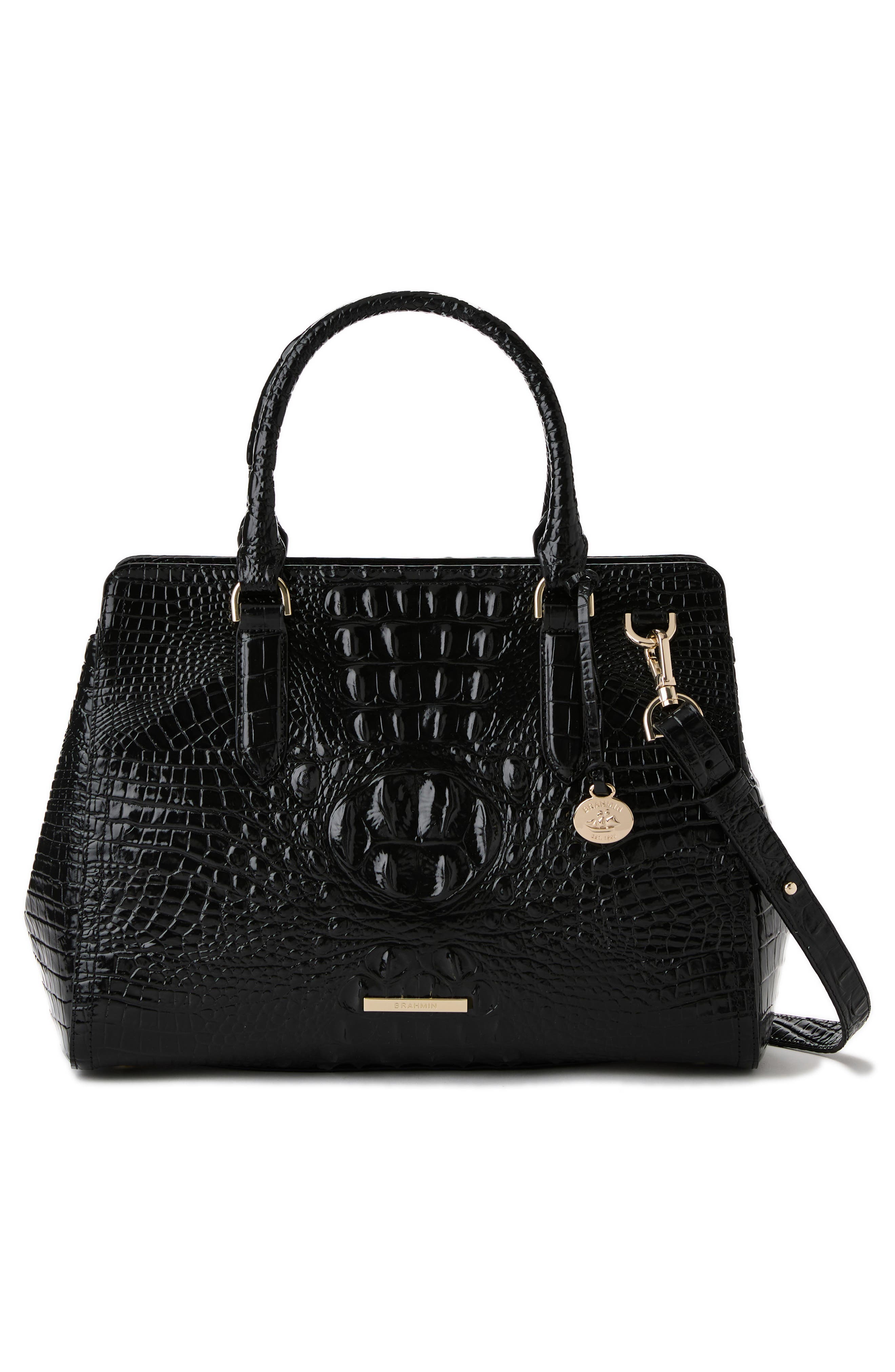 Brahmin Small Finley Croc Embossed Leather Satchel, Alternate, color, Black