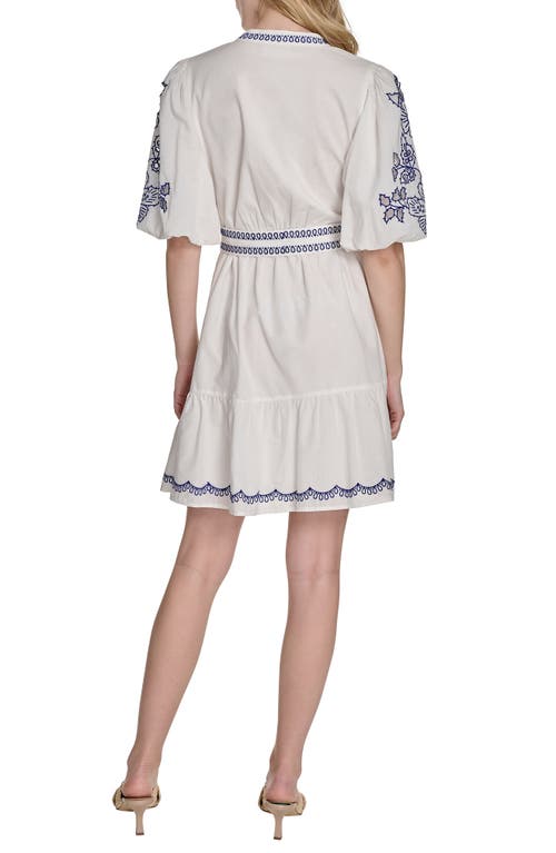 Eliza J Petite Embroidered Belted Button-front Cotton Dress In Blue