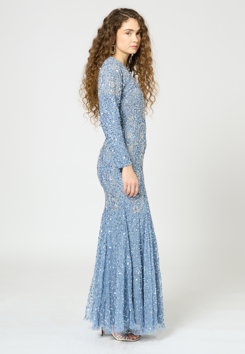 Maryisa Modest Embellished Sequin Beaded Maxi Occasional Dress