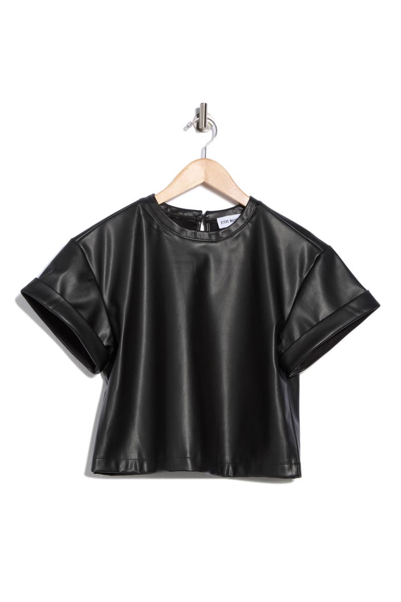 Faux Leather Short Sleeve T-Shirt, Alternate, color, BLACK
