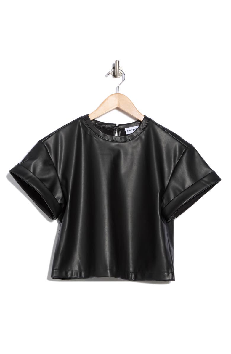 Steve Madden Faux Leather Short Sleeve T-Shirt, Alternate, color, Black