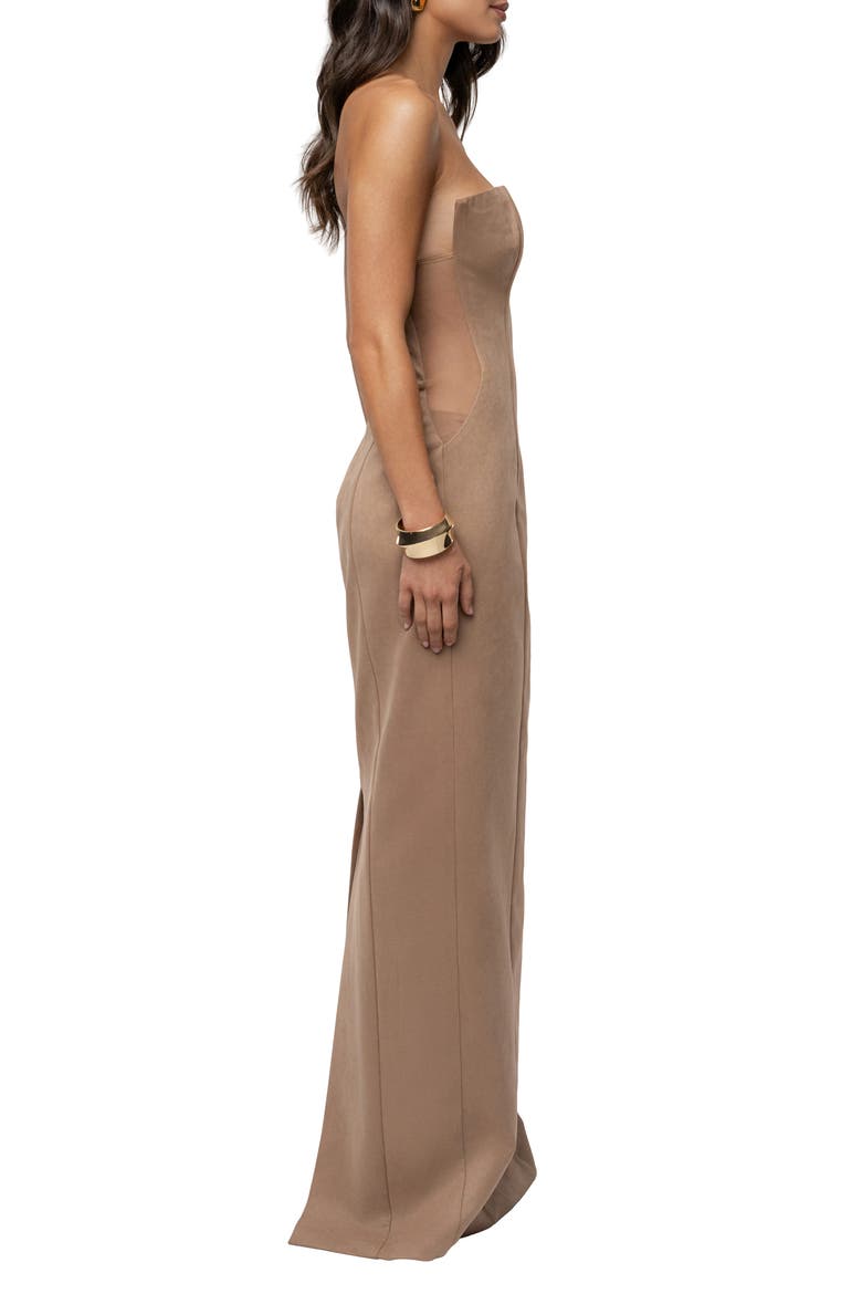 Madioson Sheer Inset Faux Suede Column Gown, Alternate, color, BEIGE
