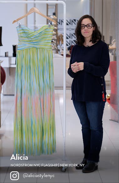 ML Monique Lhuillier Mila Pleated Print Strapless Chiffon