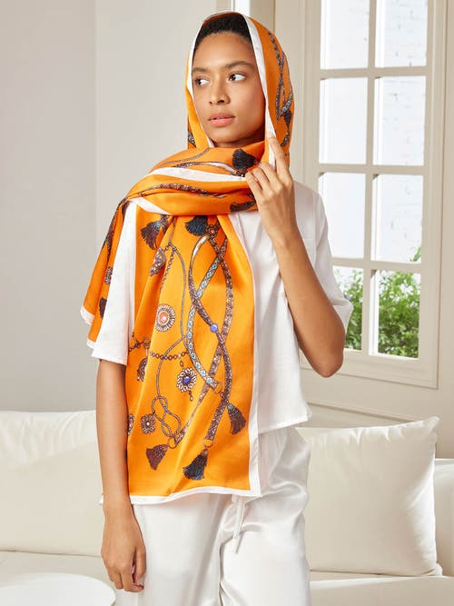 Silksilky 100% Mulberry Silk Printed Rectangular Long Shawl Scarf 170x53cm In Orange