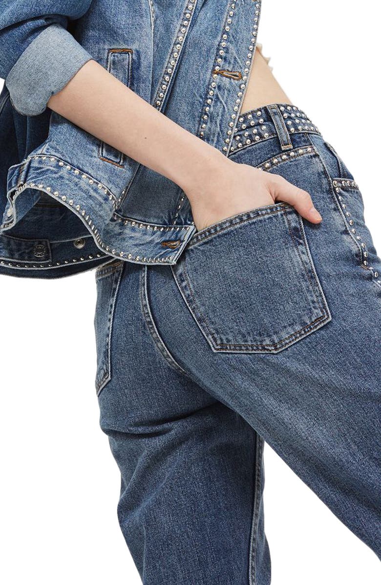 Topshop Mid Denim Studded Mom Jeans, Alternate, color, 