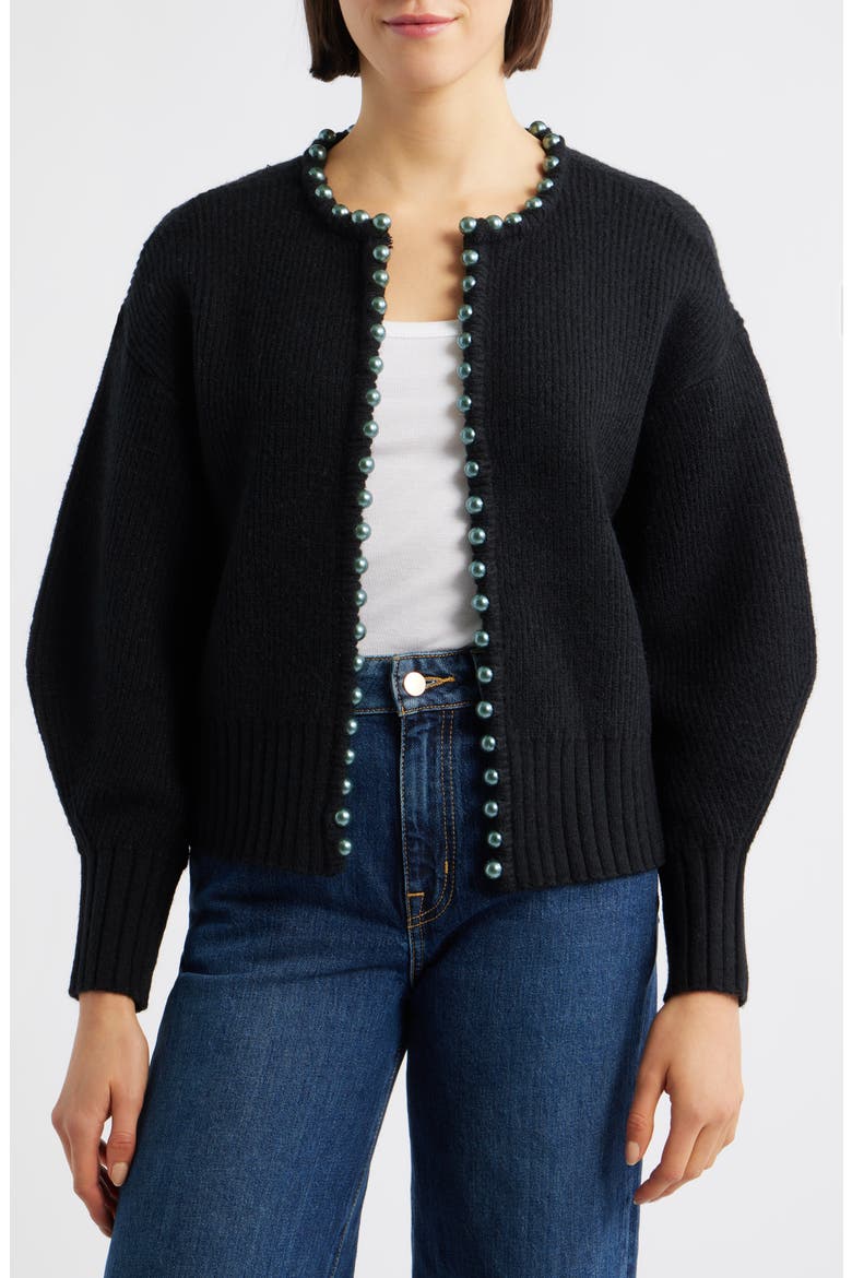 Faux Pearl Trim Cardigan, Main, color, BLACK