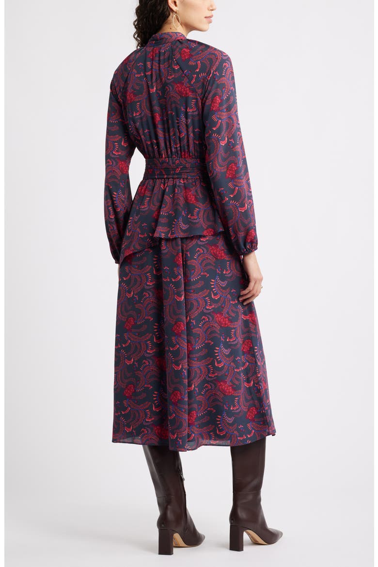Long Sleeve Ruffle Midi Dress, Alternate, color, NAVY FLORAL VINE