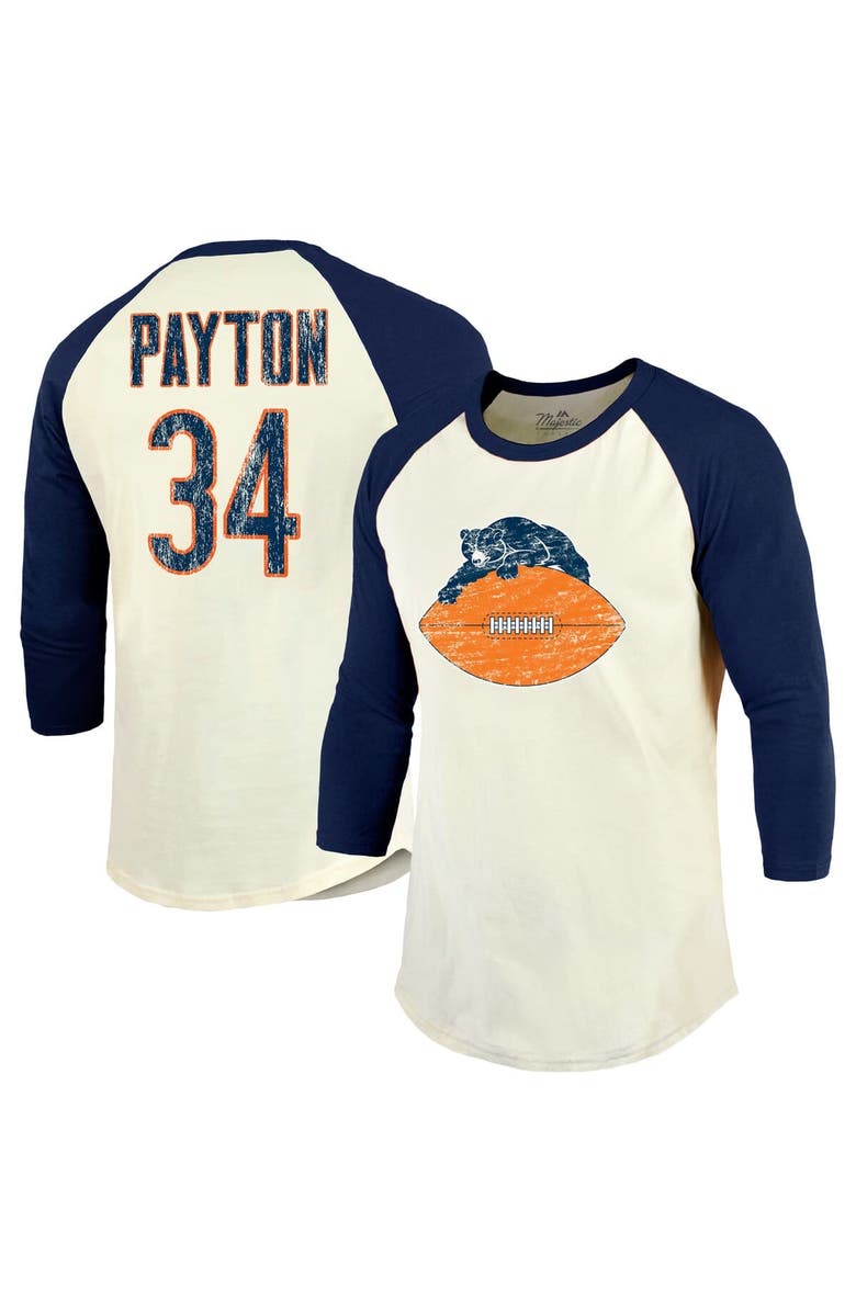 Majestic Threads Men's Majestic Threads Walter Payton Cream/Navy Chicago Bears Retired Player Name & Number 3/4 Raglan Sleeve T-Shirt, Main, color,