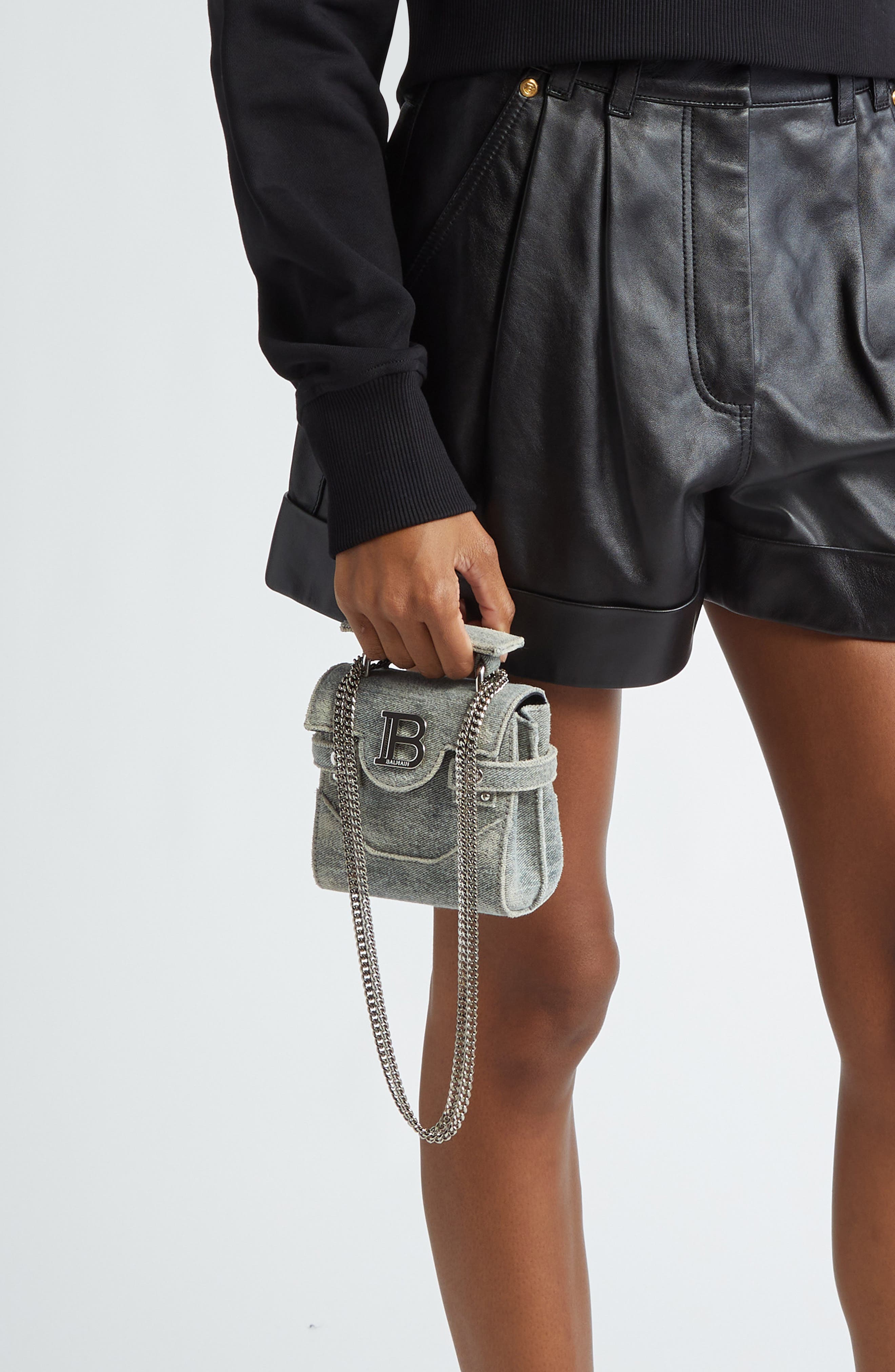 Balmain Mini B-Buzz Denim Crossbody, Alternate, color, 