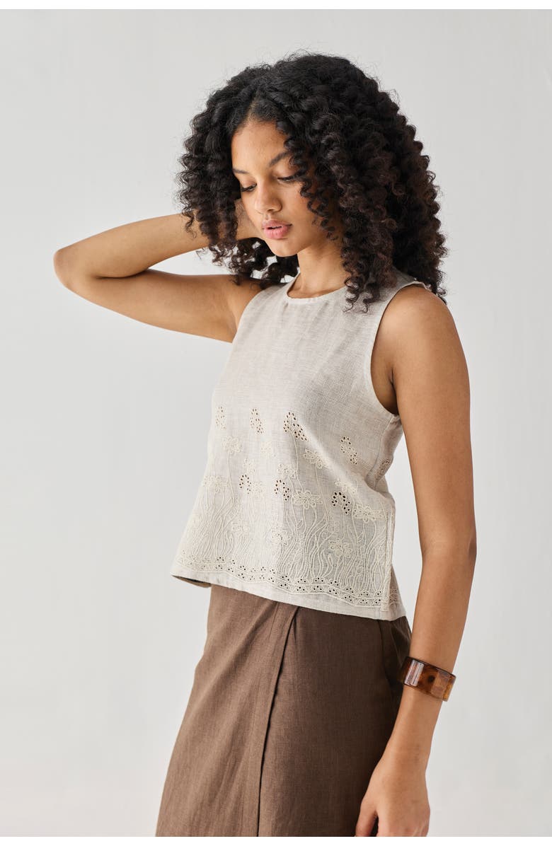 Reistor Embroidered Button Back Top, Alternate, color, Embroidered Linen White