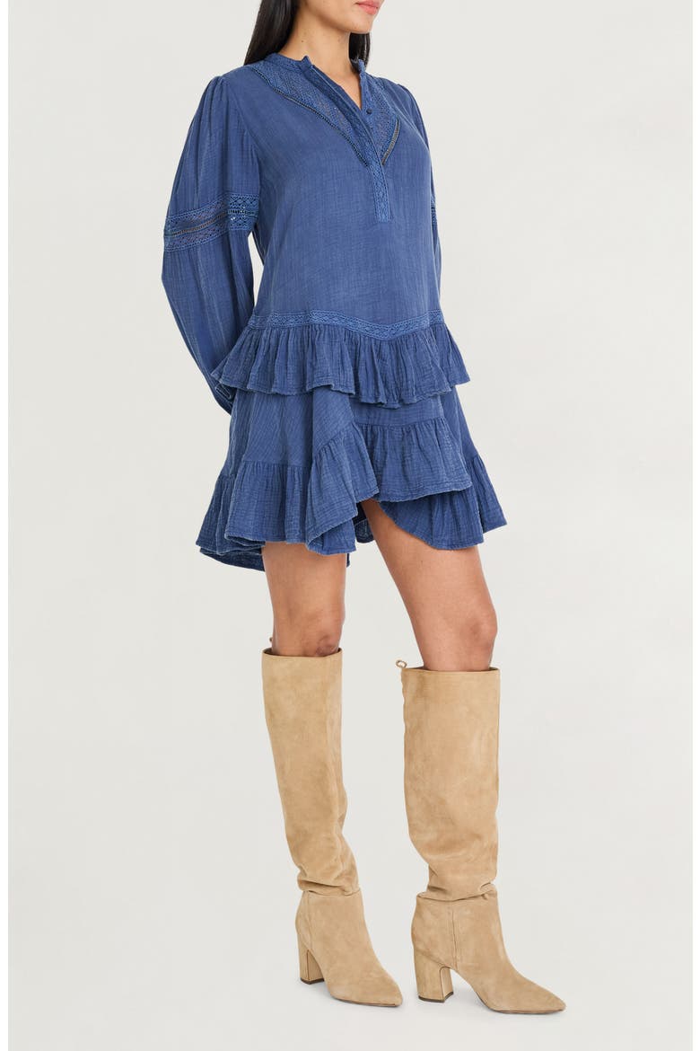 Ruffle Lace Trim Long Sleeve Denim Minidress, Alternate, color, WASHED DENIM