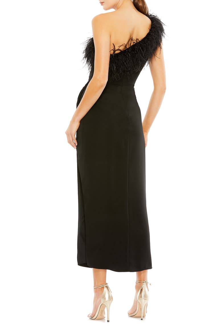 Feather Trim One Shoulder Draped Dress, Alternate, color, BLACK
