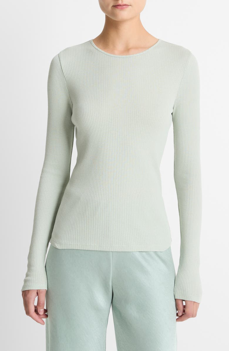 Vince Rib Pima Cotton Long Sleeve Crewneck T-Shirt, Main, color, Lt Aloe Stone