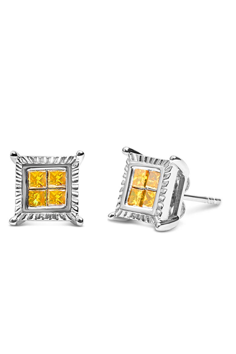 .925 Sterling Silver 1/2 Cttw Yellow Princess Diamond Quad Stud Earring, Alternate, color, White