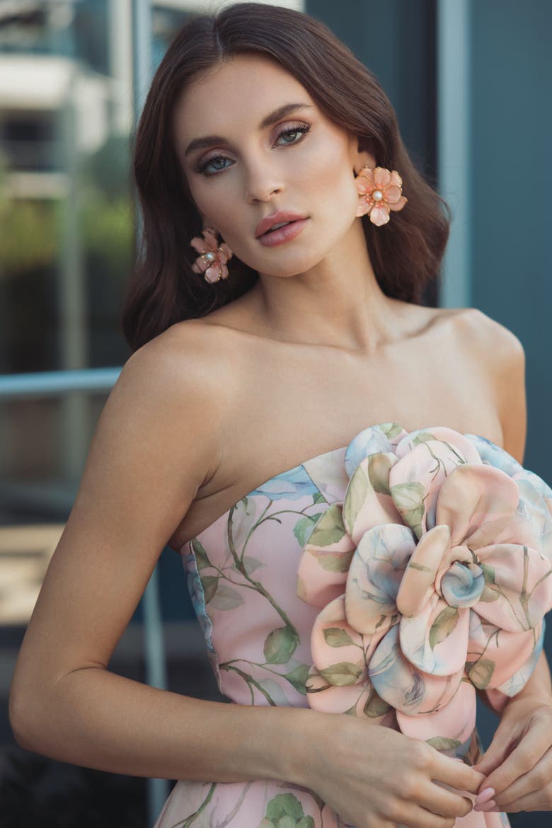 Strapless Floral Organza Midi Dress With Flower, Alternate, color, Powder Blue Multi