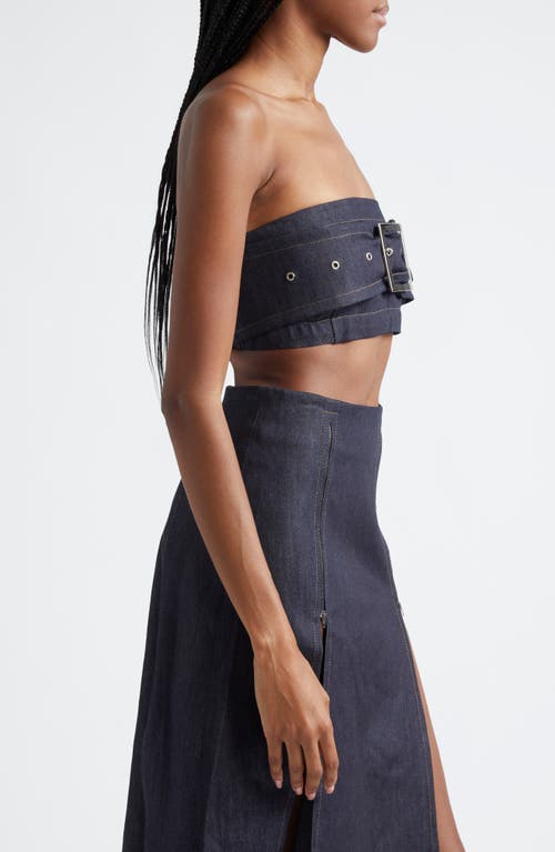 Sammy B Belted Strapless Denim Crop Top In Blue